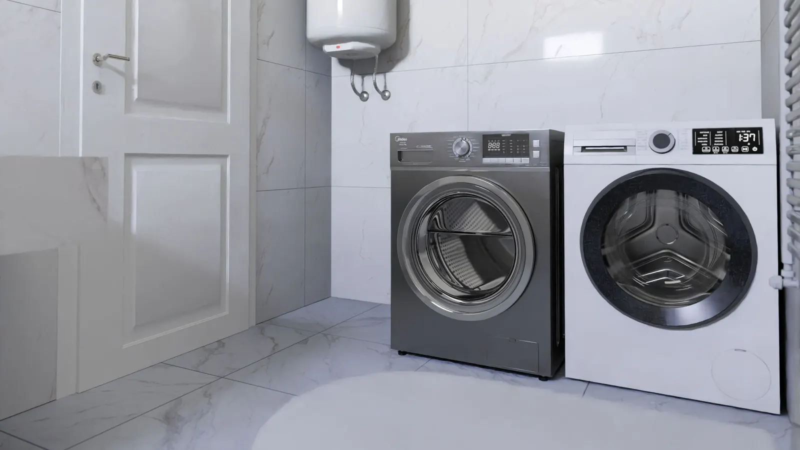 Front-loading washer and dryer installed side by side in a tiled laundry room.